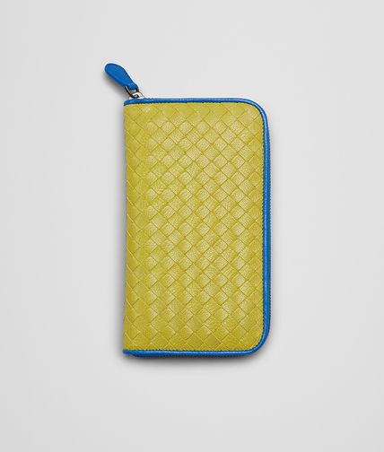 BOTTEGA VENETA - New Chartreuse Signal Blue Intrecciato Madras Heritage Zip Around Wallet