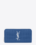 MONOGRAM SAINT LAURENT Zip Around Wallet in Royal Blue Crocodile Embossed Leather
