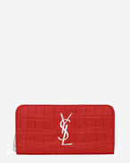 MONOGRAM SAINT LAURENT Zip Around Wallet in Red Crocodile Embossed Leather