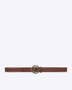 MONOGRAM SAINT LAURENT Studded Round Serpent Buckle Belt in Tan Leather and Antique-Gold Toned Metal