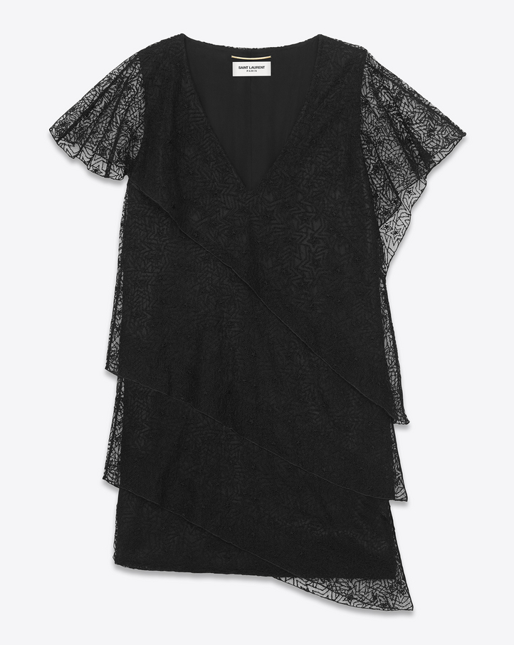 Saint Laurent Tiered Mini Dress In Black Star Embroidered Cotton ...  