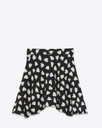 Flared Mini Skirt in Black and Off White Leaf Printed Viscose Crêpe