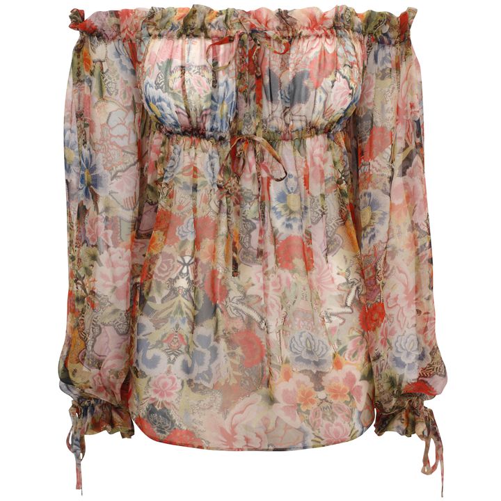 Patchwork Floral Off Shoulder Drawstring Top Alexander McQueen Silk