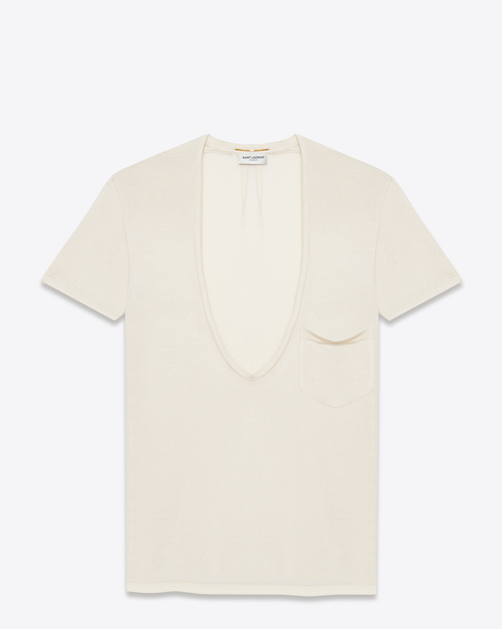 saintlaurent, Classic Deep V-Neck T Shirt in Ivory Stonewashed Silk