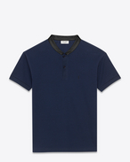SHORT SLEEVE BAND COLLAR POLO IN Navy Blue PIQUÉ COTTON and Black leather
