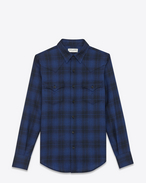 Chemise western en laine à motif écossais coquille blanc cassé et bleu