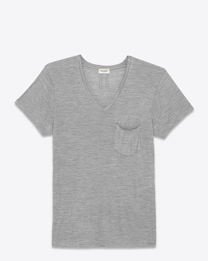 saintlaurent, Classic V-Neck T Shirt in Heather Grey Stonewashed Silk
