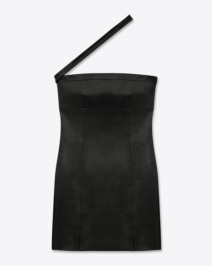 saintlaurent, Signature Asymmetrical Mini Dress in Black Leather