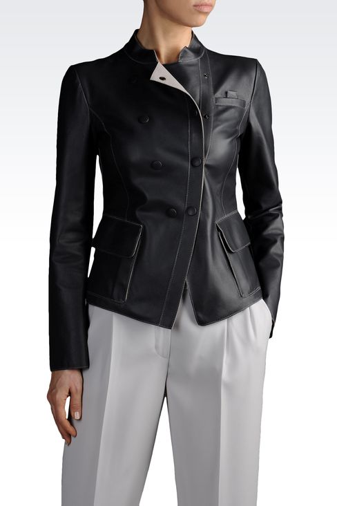 Armani Collezioni Women Leather Jacket - DOUBLE BREASTED LEATHER JACKET WITH MANDARIN COLLAR Armani Collezioni Official Online Store