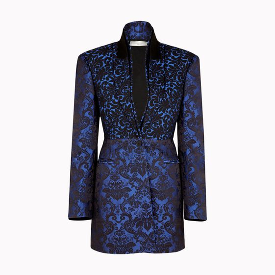 Stella McCartney, Veste d'extérieur Tina en jacquard de soie au fond bleu égyptien profond