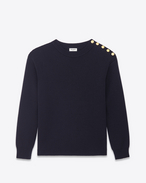 Maglione classic girocollo con bottoni su una spalla blu navy in cotone e lana