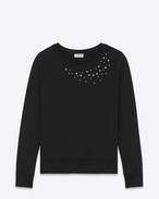 Star Studded Crewneck Sweatshirt in Black French Terrycloth and Clear Crystal