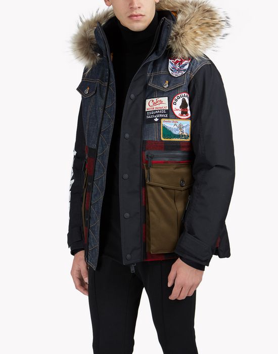 fur-trimmed check denim patch ski parka coats & jackets Man Dsquared2