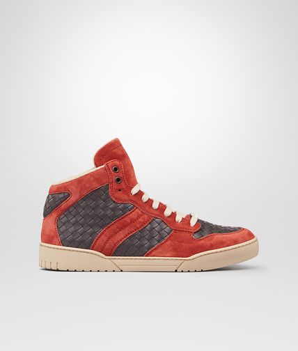 BOTTEGA VENETA - Medium Grey Burnt Red Intrecciato Calf Suede Sneaker