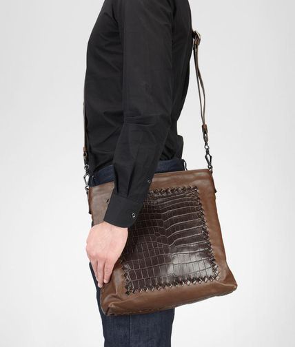 BOTTEGA VENETA - Light Calf Soft Crocodile Fume Cross Body Bag