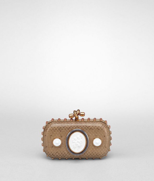 BOTTEGA VENETA Bronze Brique Brown Porcelain Ayers Verre Irise Zircon Knot Clutch D fp