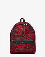 Classic Hunting Backpack IN BLACK AND STRAWBERRY BABYCAT PRINTED Nylon Canvas AND BLACK LEATHER