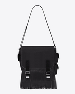ARMY Fringed Messenger Bag in Black Cotton Twill and Black Leather