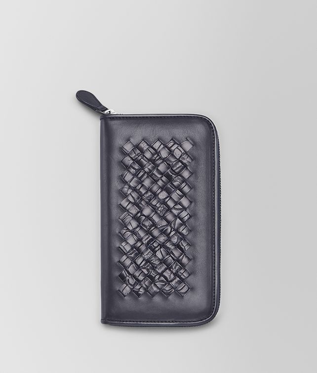 BOTTEGA VENETA ZIP AROUND WALLET IN TOURMALINE CALF AND CROCODILE, INTRECCIATO DETAILS Zip Around Wallet U fp