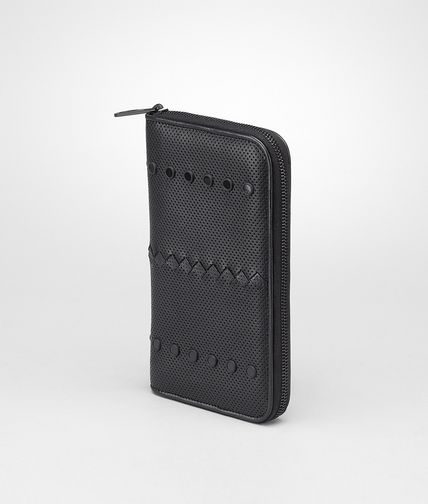 BOTTEGA VENETA - NERO PERFORATED LIGHT CALF MIRROR ZIP AROUND WALLET