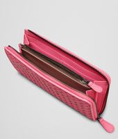 Bottega Veneta® Rosa Shock Intrecciato Washed Lambskin Zip Around Wallet Bottega Veneta® Rosa Shock Intrecciato Washed Lambskin Zip Around Wallet