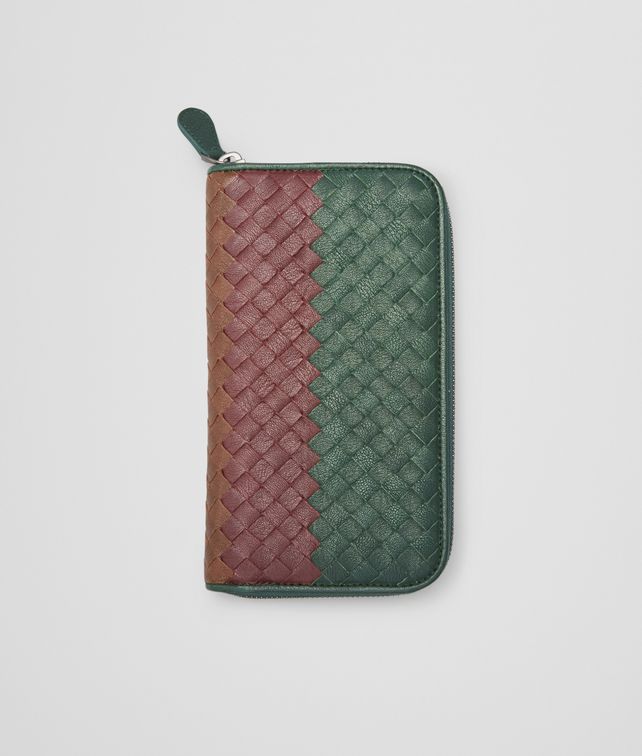 BOTTEGA VENETA PORTAFOGLIO EMERALD GREEN, AUBERGINE ED EDOARDO IN INTRECCIATO CLUB FUMÉ CON ZIP - In esclusiva per la Boutique Online Portafoglio con Zip U fp