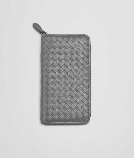 BOTTEGA VENETA - New Light Grey Intrecciato Cervo Metal Zip Around Wallet