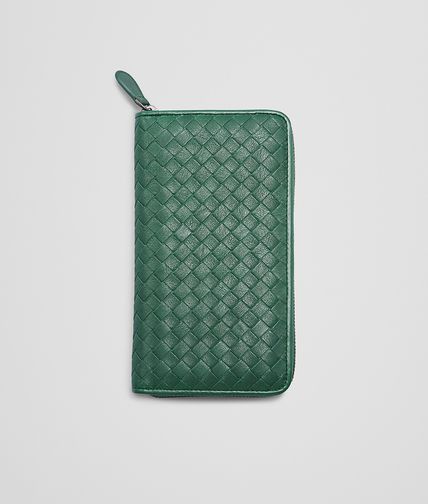 BOTTEGA VENETA - Emerald Green Intrecciato Washed Lambskin Zip Around Wallet