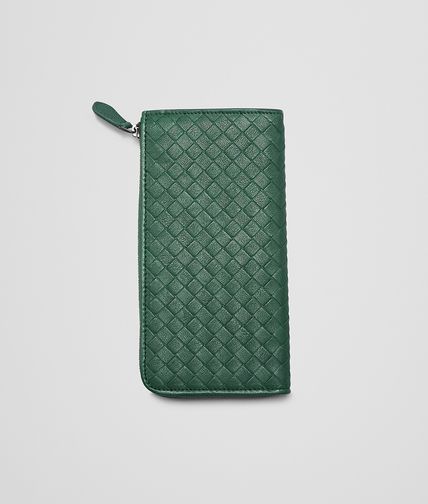 BOTTEGA VENETA - Emerald Green Intrecciato Washed Lambskin Zip Around Wallet