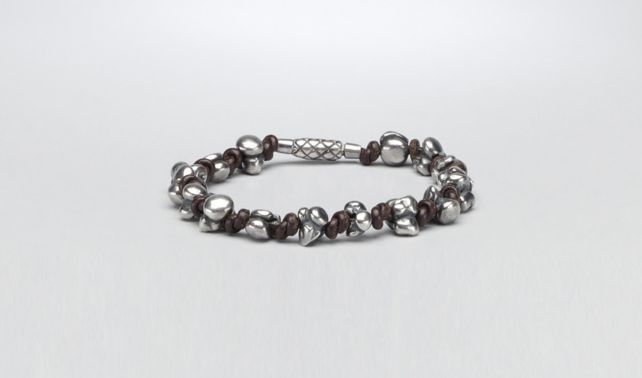 BOTTEGA VENETA - Armband aus antikem Silber und Nappaleder Intrecciato Ebano