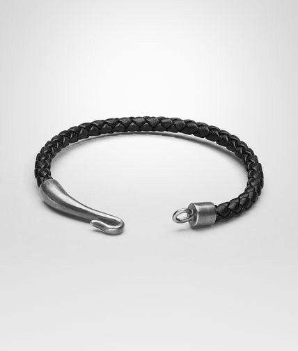 BOTTEGA VENETA - Bracciale Nero in Nappa e Argento Ossidato Intrecciati