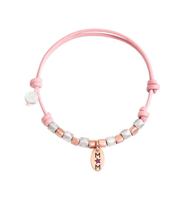 Bracciale Cordino Con Charm Mum , Oro Rosa 9kt, Rubini, Argento, Cotone , DoDo