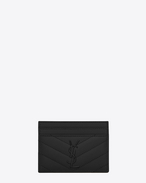 monogram saint laurent credit card case in black grain de poudre textured matelassé leather