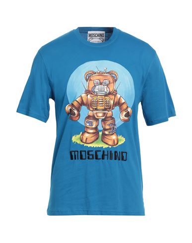 Moschino Man T-shirt Azure Size 40 Organic Cotton In Blue