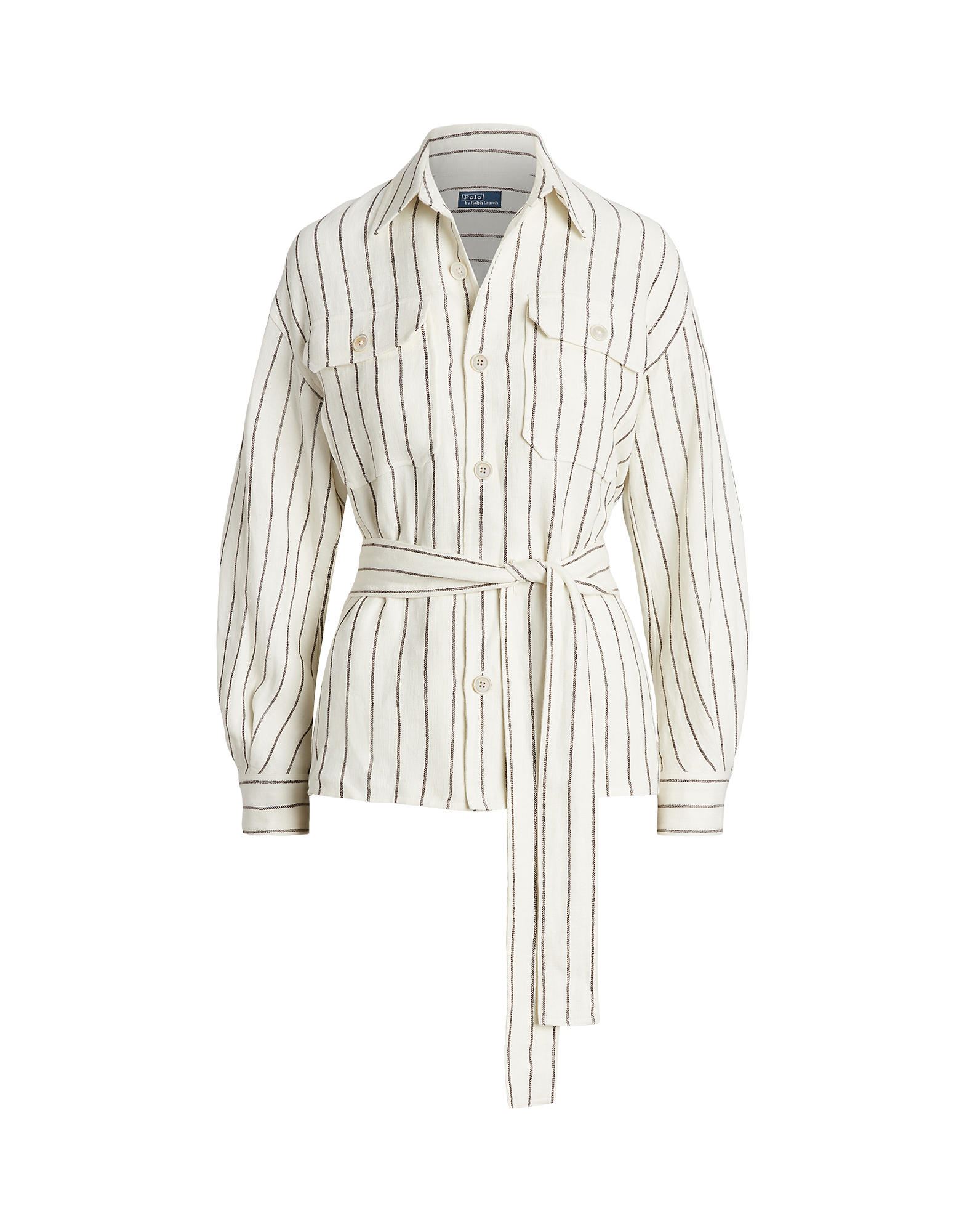Polo Ralph Lauren Belted Striped Linen Utility Shirt In White