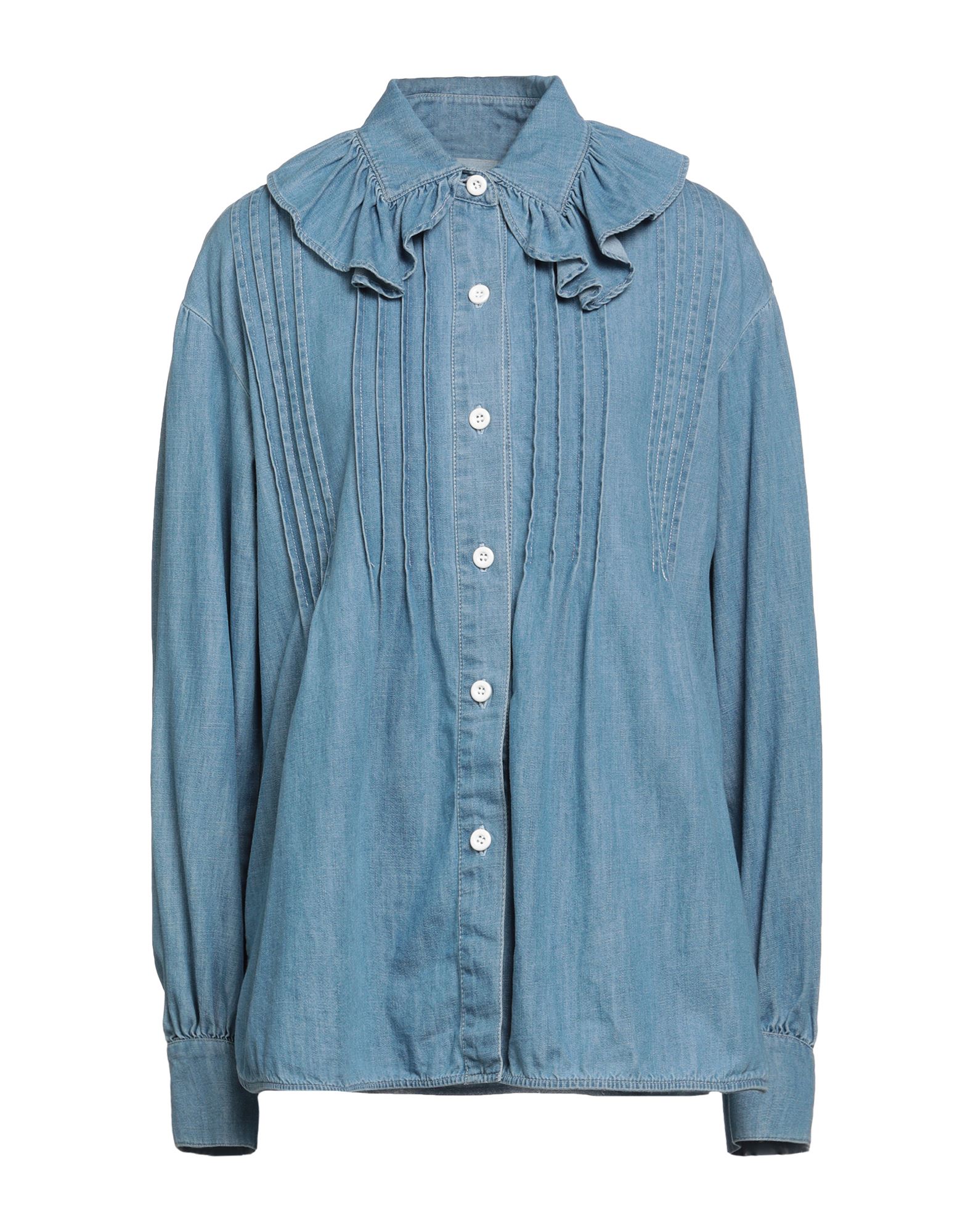 See By Chloé Flou Ruffled Pintucked Denim Blouse In Blue