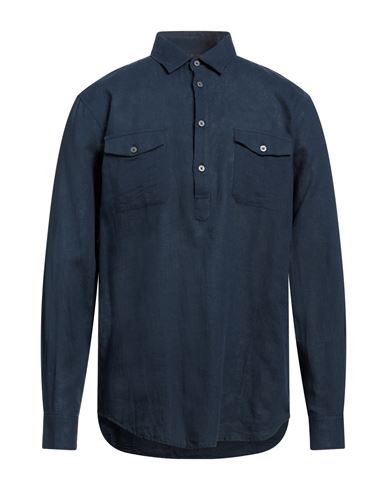 Shop Daniele Alessandrini Homme Man Shirt Midnight Blue Size 16 Linen, Cotton
