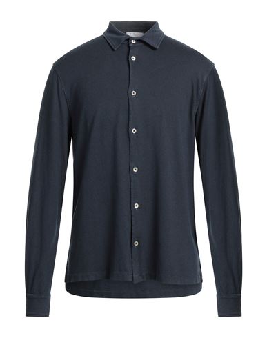 Boglioli Man Shirt Slate Blue Size 16 Viscose, Cotton In Navy Blue