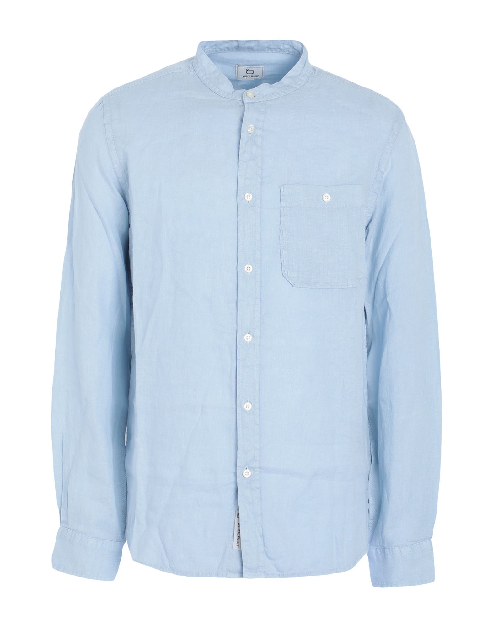 Shop Woolrich Band Collar Linen Shirt Man Shirt Sky Blue Size Xl Linen