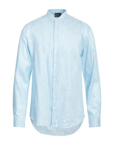 Emporio Armani Man Shirt Azure Size M Linen, Cotton In Blue