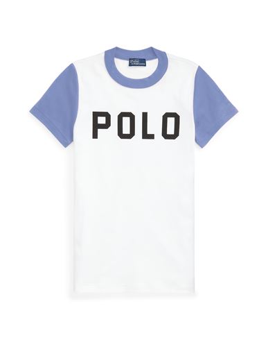 Polo Ralph Lauren Color-blocked Logo Ribbed Cotton Tee Woman T-shirt Light Blue Size Xs Cotton