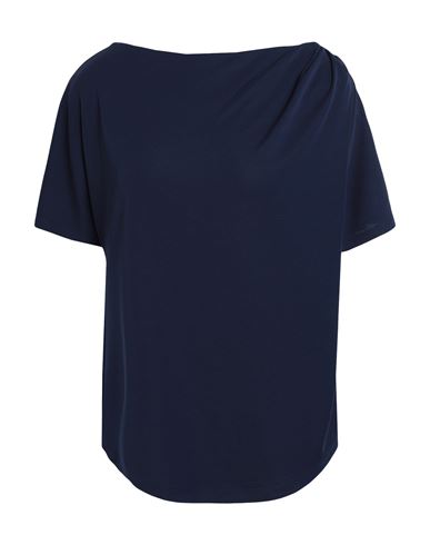 Lauren Ralph Lauren Pleated Stretch Jersey Tee Woman T-shirt Navy Blue Size L Polyester, Elastane