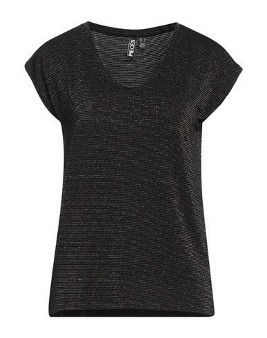 Pieces Woman T-shirt Black Size M Viscose, Metallic Fiber, Elastane