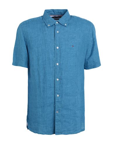 Tommy Hilfiger Man Shirt Slate Blue Size Xl Linen