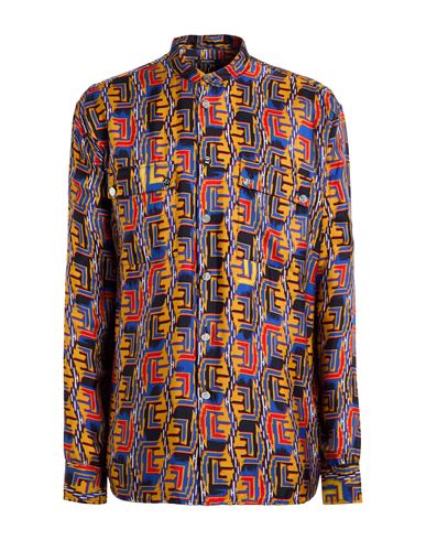Balmain Band Collar Monogram Print Button-up Silk Shirt In Blue