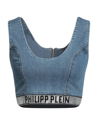 Philipp Plein Woman Top Blue Size Xl Cotton, Polyester, Elastane, Glass