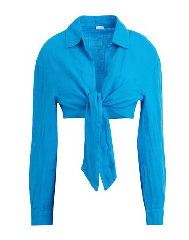 8 By Yoox Linen Front Wrap Blouse Woman Shirt Azure Size 12 Linen In Blue