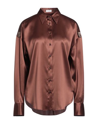 Brunello Cucinelli Woman Shirt Cocoa Size Xl Silk, Elastane, Brass, Ecobrass In Brown