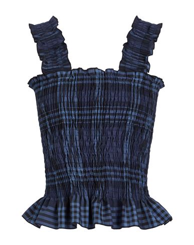 8 By Yoox Cotton Check Ruffled Smock Top Woman Top Midnight Blue Size 10 Polyester, Virgin Wool, Ela