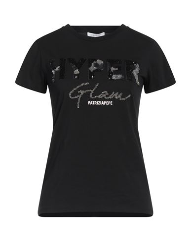 Patrizia Pepe Woman T-shirt Black Size 2 Cotton, Glass, Polyester